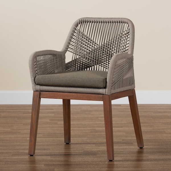 Jennifer MidCentury Transitional Grey Woven Rope Mahogany Dining Arm Chair